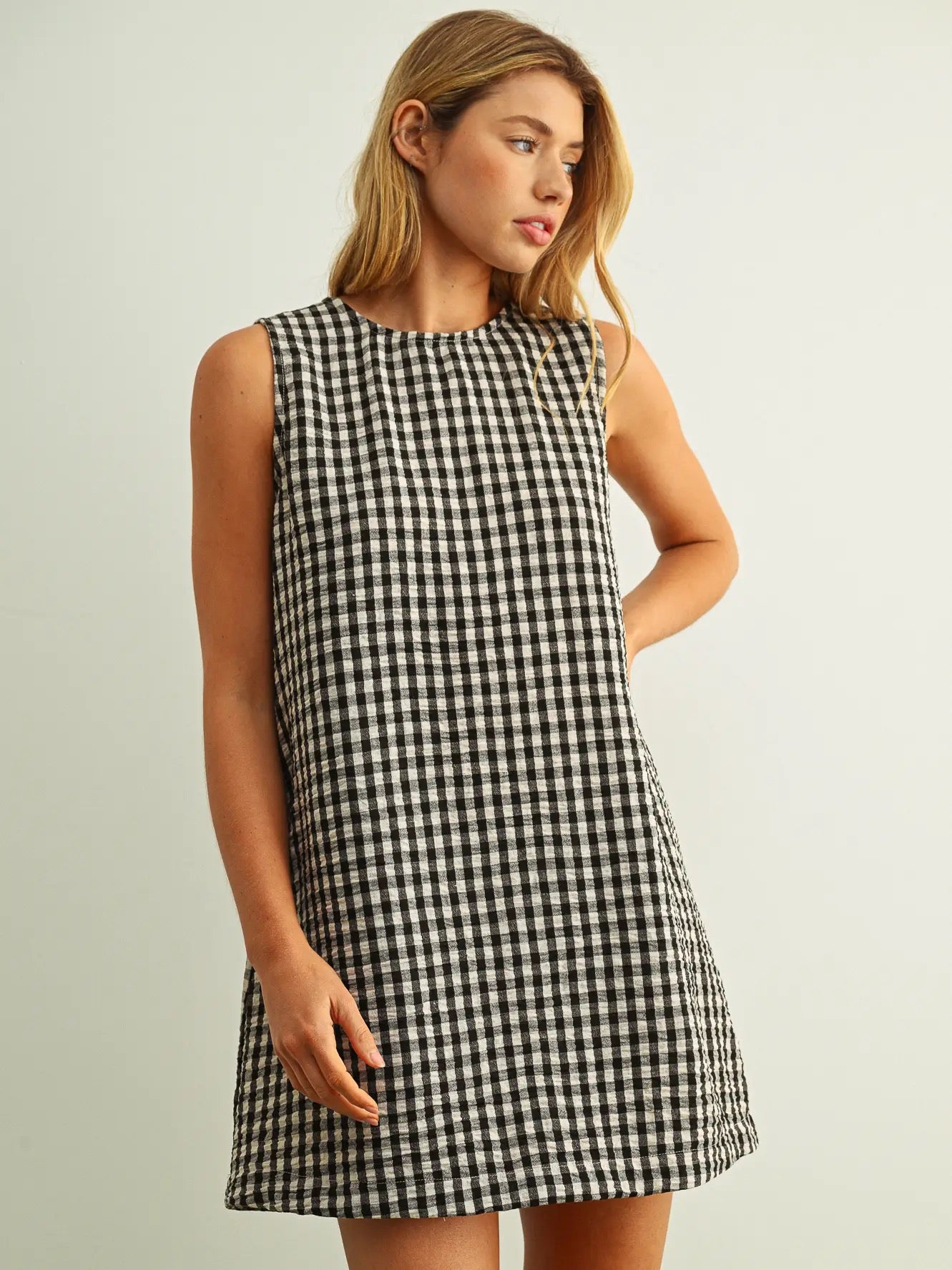 Gingham Pattern S/L Open Back Detail Dress