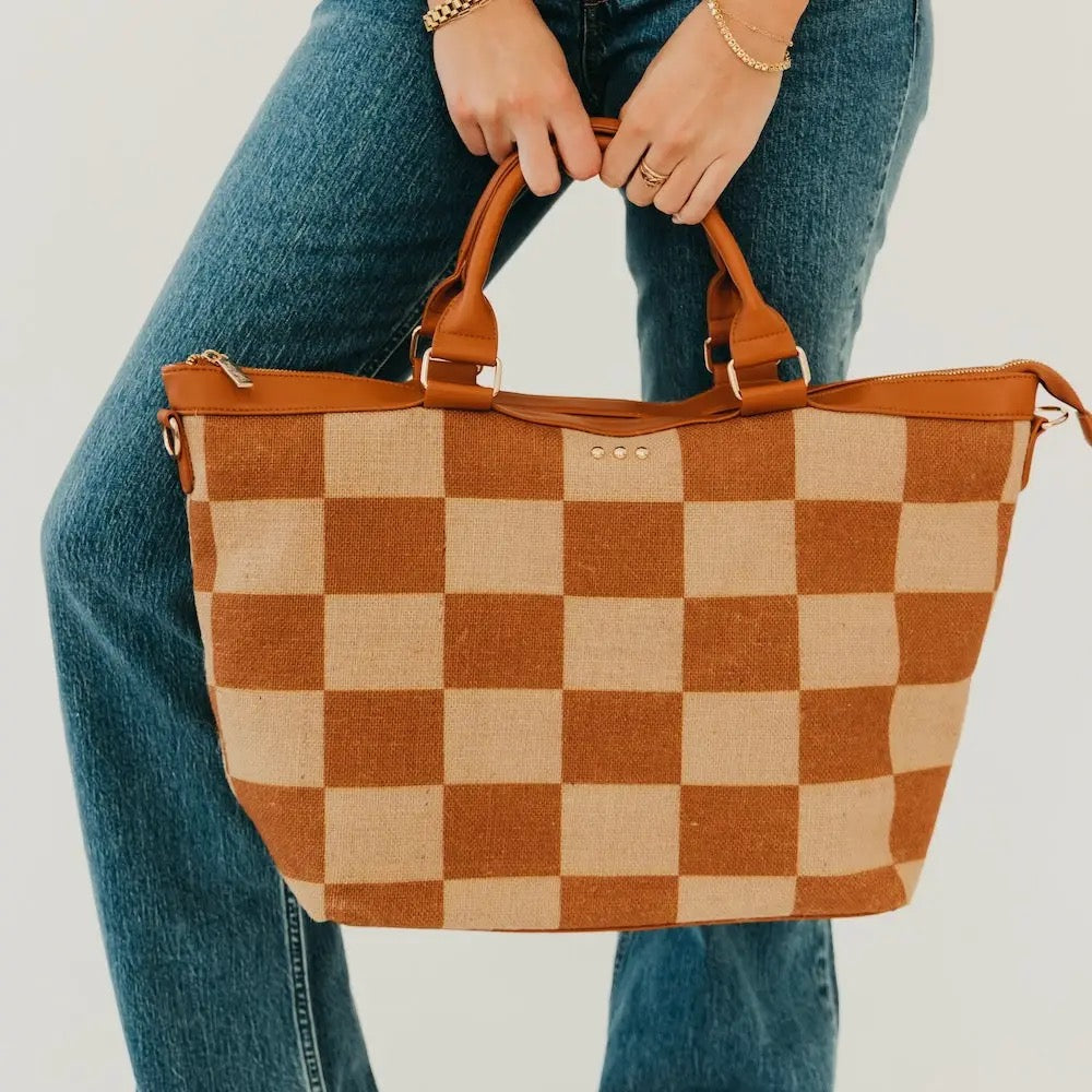 June Jute Tote Bag - Brown Check