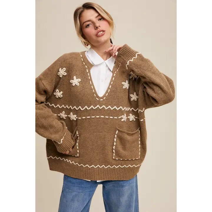 Floral Embroidered Knit Sweater