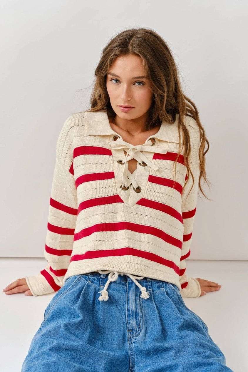 Lace Up Relaxed Fit Stripe Sweater