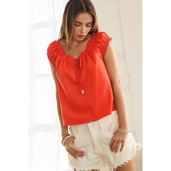 Solid Poplin Cap Sleeve Blouse