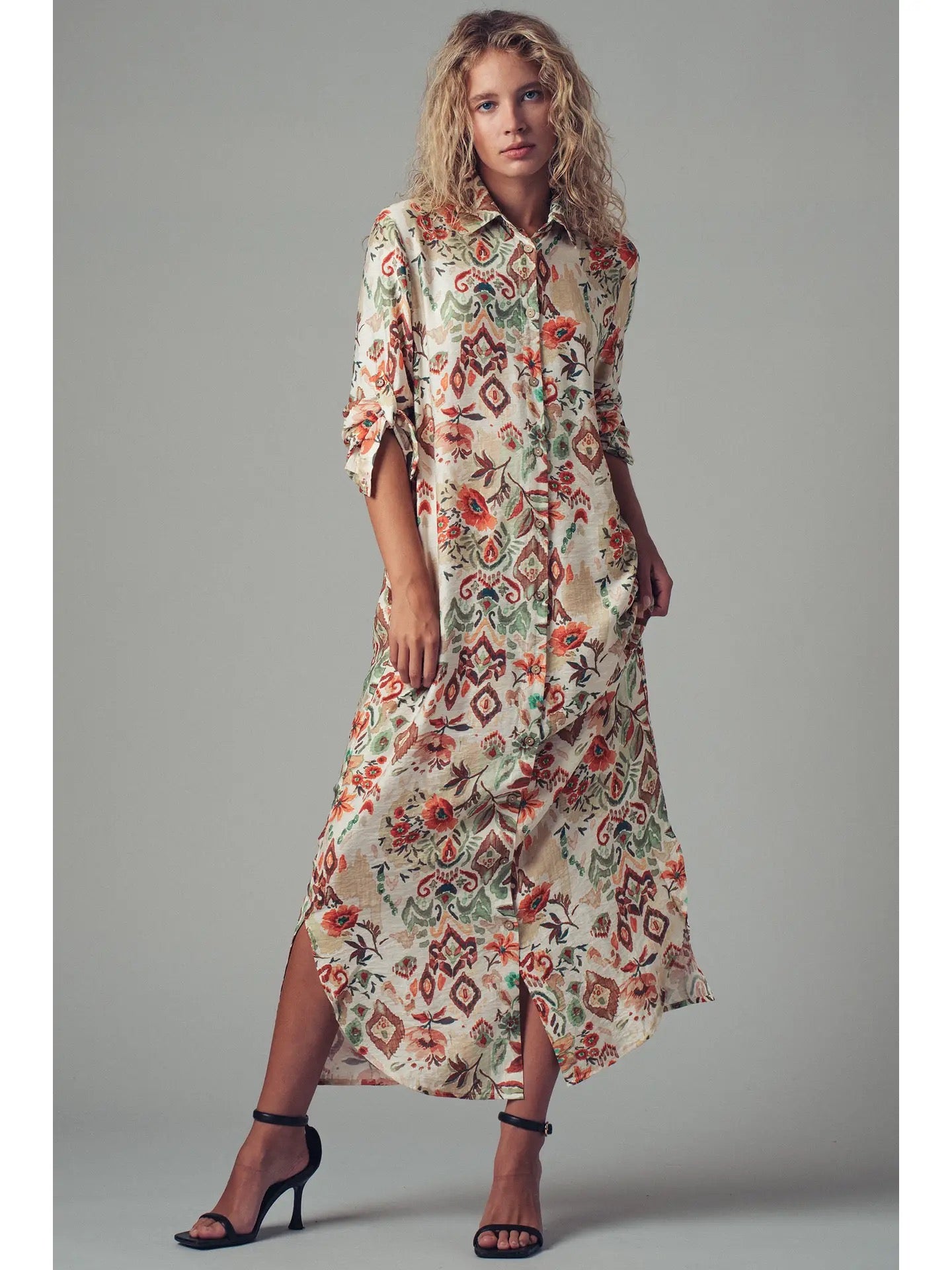 Boho Floral Button-Down Midi Dress