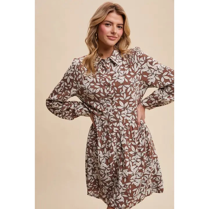 Leaf Print Button-Front Mini Dress