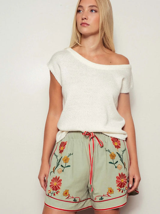Embroidered Floral Drawstring Shorts