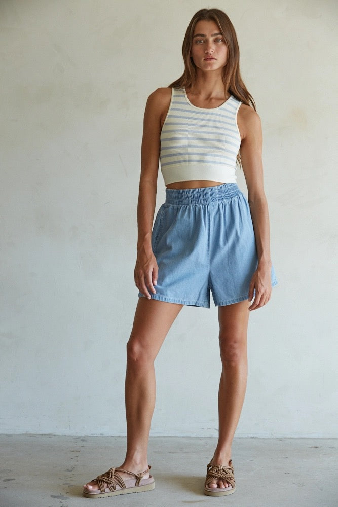 Woven Denim Cotton Wide Leg Shorts