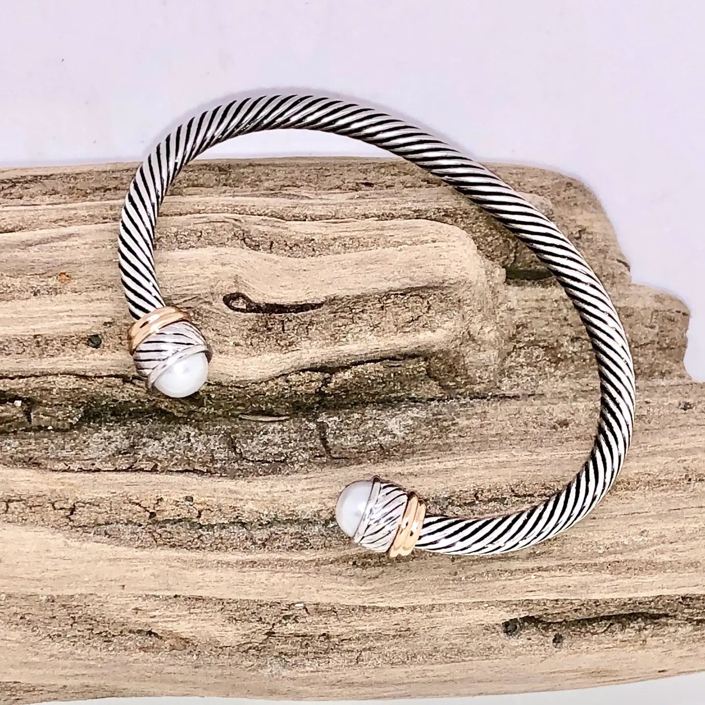 Cuff Alloy Plated W/Glass White  Pearl Fits 7”-8”