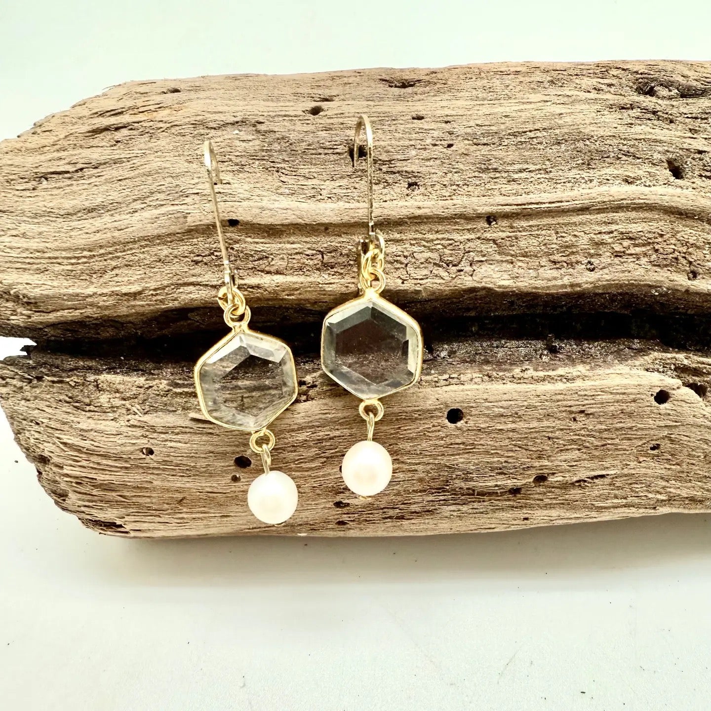 Earring Lg.Rectangular Beveled Glass W/Freshwater Pearl Gld