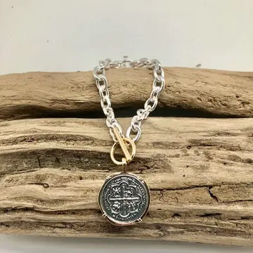 Bracelet Alloy Plated Link Chain Silver W/Two Tone Coincharm