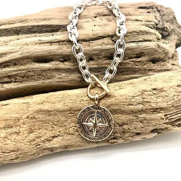 Bracelet Alloy Plated Link Chain W/Toggle &Compass Twotone