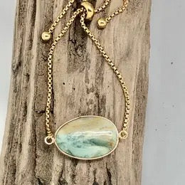 Bracelet Drawstring Dangling Jade Stone On Antique gold chain