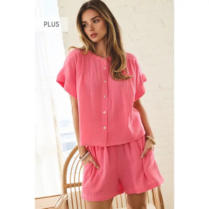 Plus Cotton Gauze Relaxed Pull-On Shorts