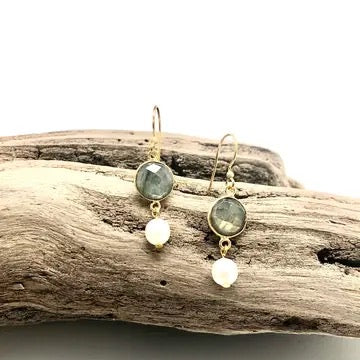 Earring Labrodite Bezel Glass Circle W/Freshwater Pearls
