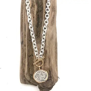 Necklace Alloy Plated Silver Link Chain with Cross Charm and Toggle 18"