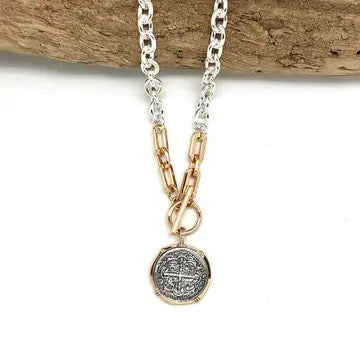 Necklace Alloy Plated Silver Link Chain w/Coin Drop with toggle 18”