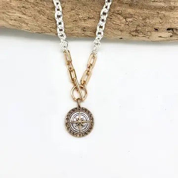 Necklace Alloy Plated Silver Link Chain w/Compass Drop 18”