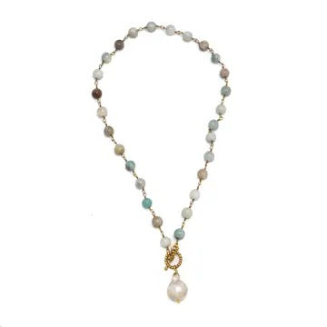 Necklace Amazonite(8mm) Chain W/Baroque Pearl Drop 18”