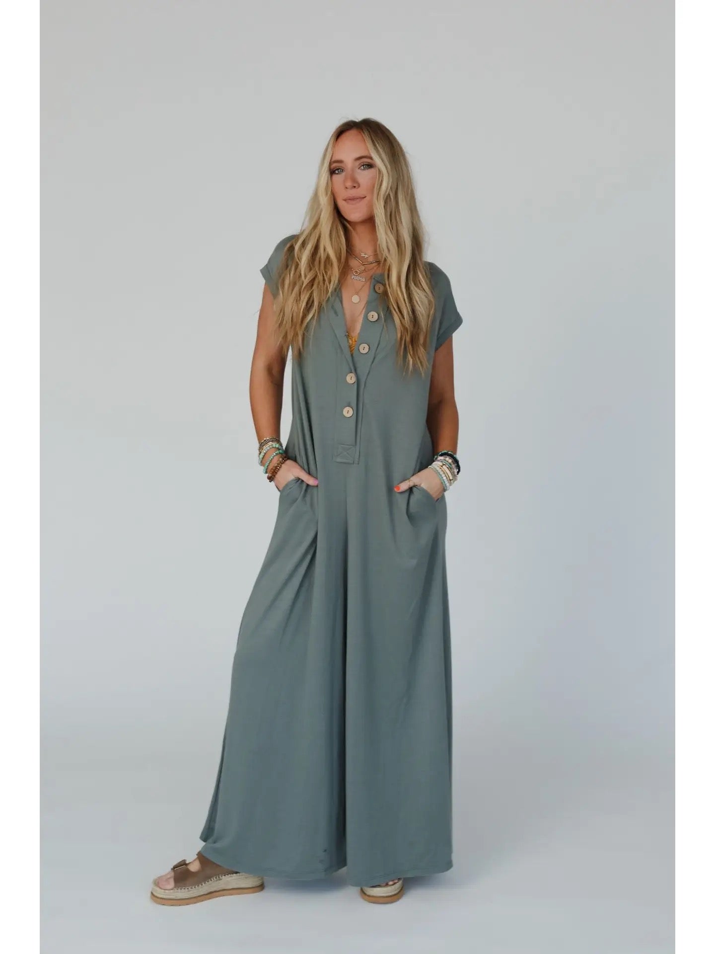 Davina Wide Leg Jumpsuit - Light Olive