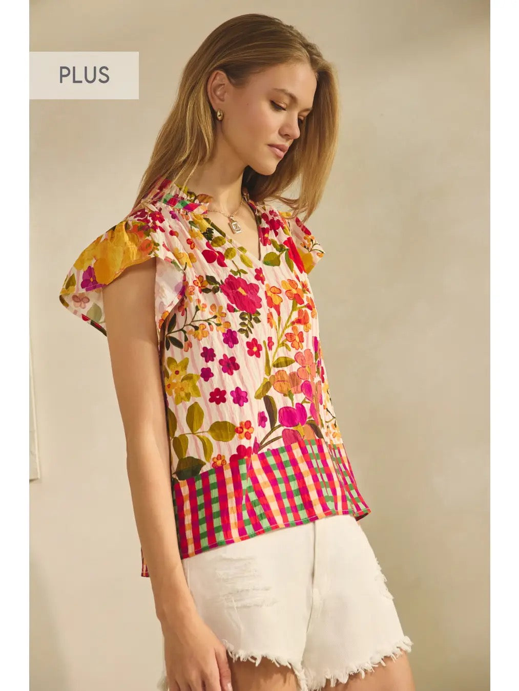 Plus Floral Border Printed Flutter Sleeve Blouse