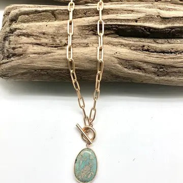 Necklace Gold Paperclip Jasperw/Freshwater Pearlw/Toggle33”