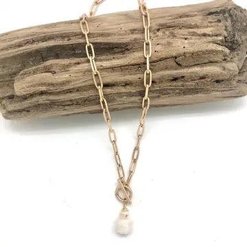 Necklace Matte Gold Paper Clip Chain with Baroque Pearl Drop with Toggle 18”