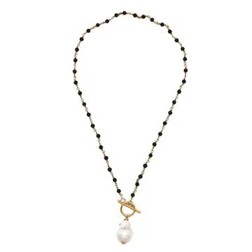 Necklace Onyx Chain(3mm bead) w/Antique Gold Toggle and White Baroque Pearl Drop 18”