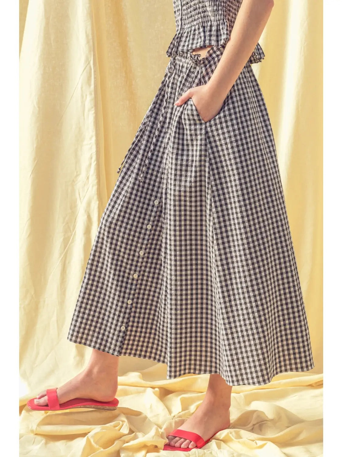 Gingham Pattern Button Front Long Skirt