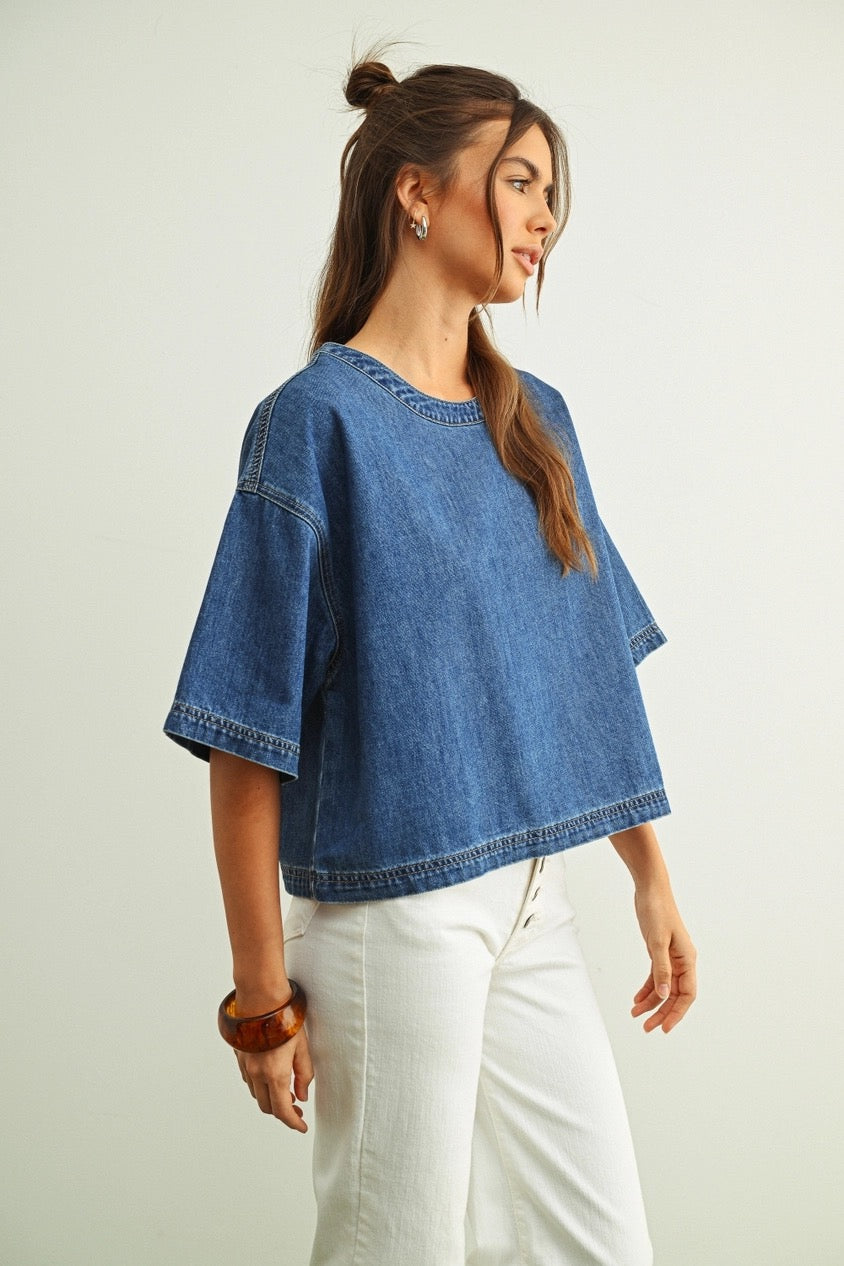 Round Neck Short Sleeve Denim Top