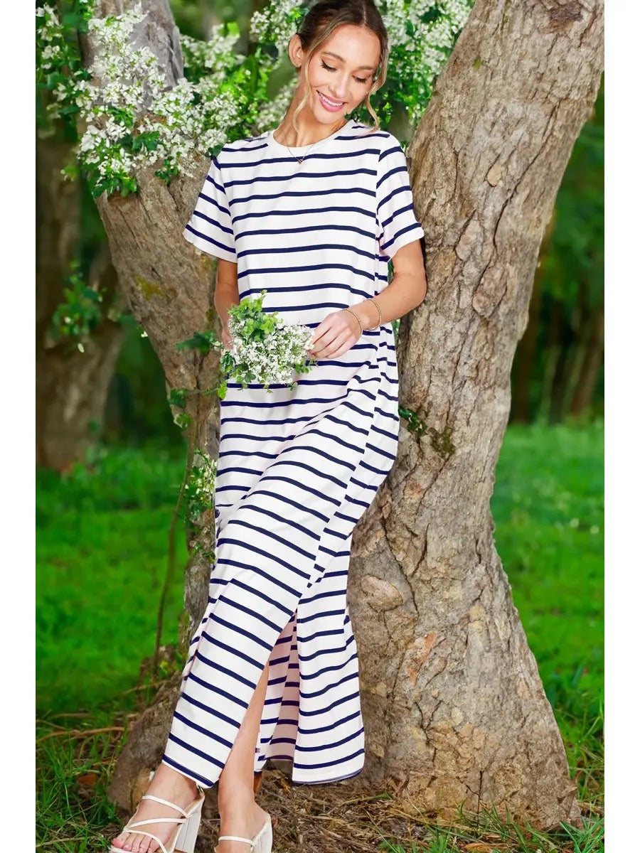 Crew Neck Striped Cotton T-Shirt Maxi Dress