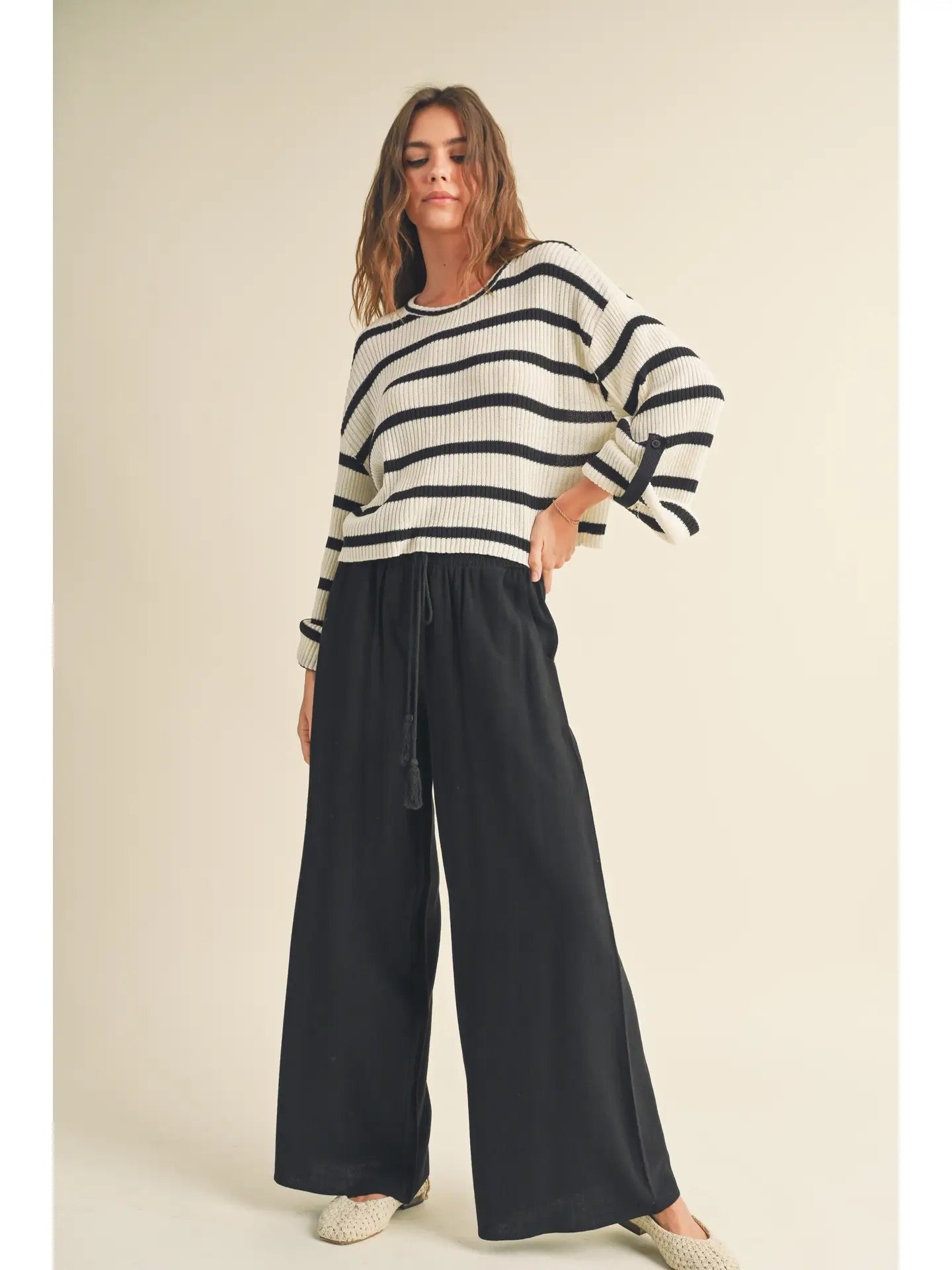 Cotton Linen Smocked Waist Pants with Tassel