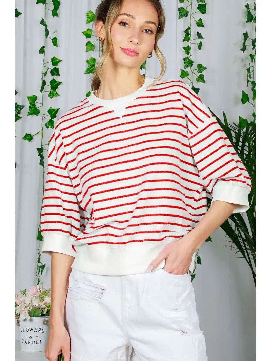 Crew Neck 1/2 Sleeve Cotton Strip Sweatshirt Top