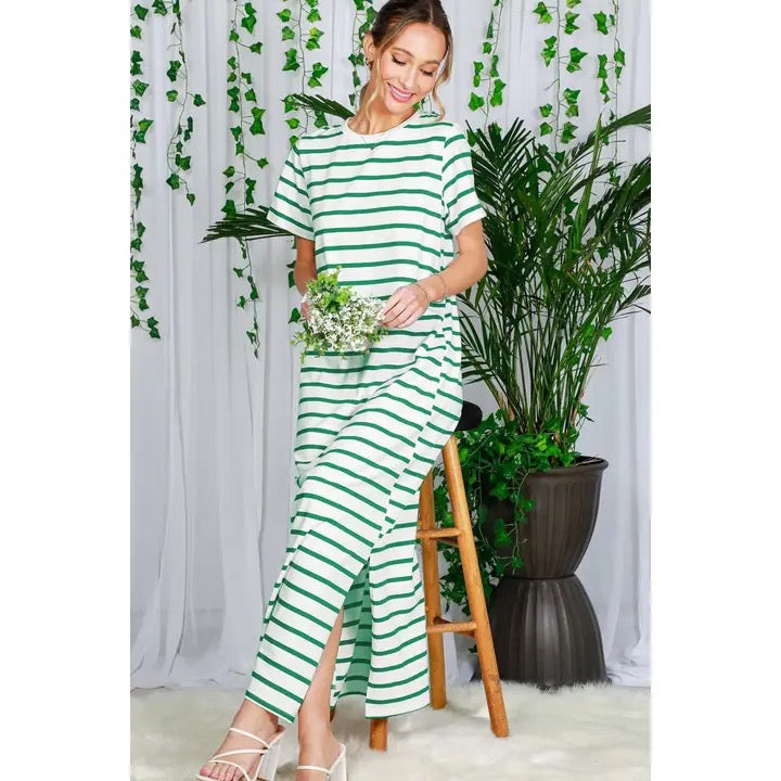 striped t shirt maxi dress Crew Neck Cotton T-Shirt Green / S Tansy Long Sleeve Babydoll Tall Model 3 (maternity) frizzcontrol SIZES:M