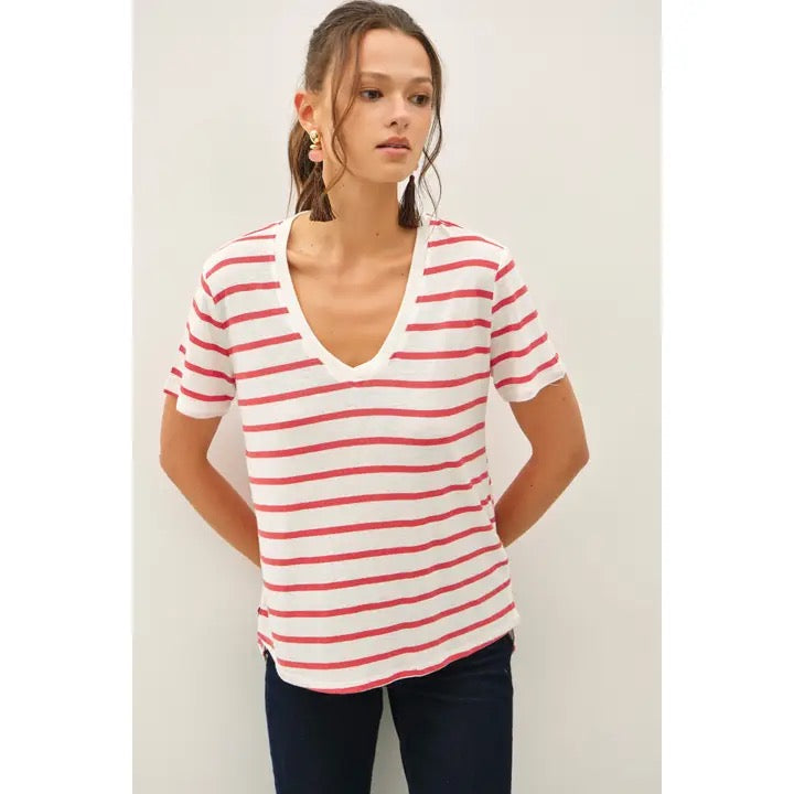 Cotton Linen Blend Relaxed Fit Striped T-Shirt