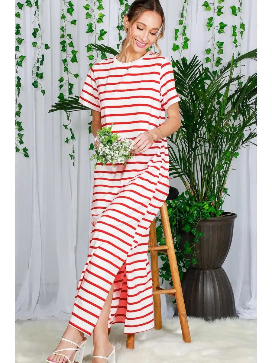 Crew Neck Striped Cotton T-Shirt Maxi Dress