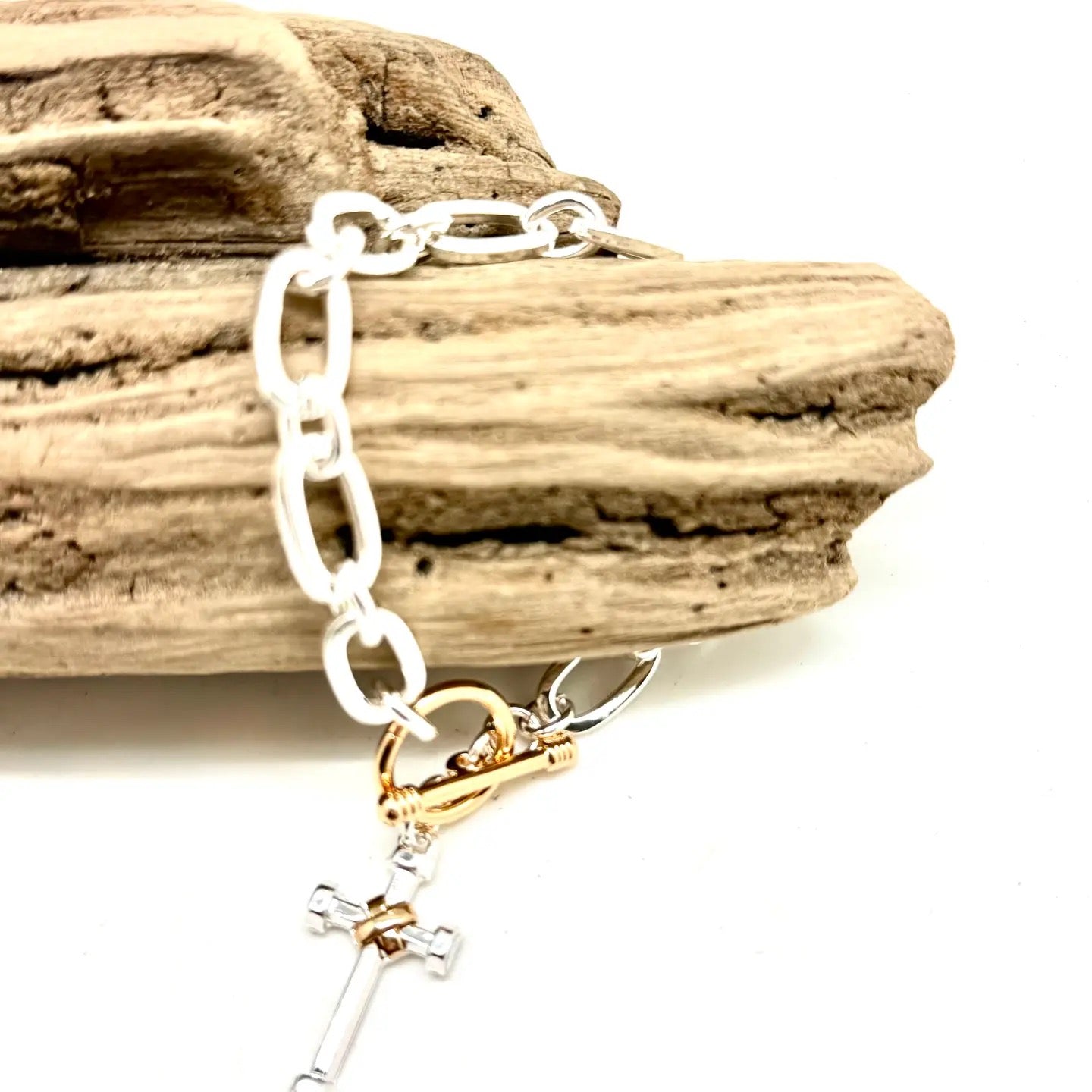 Bracelet Alloy Plated Silver Chain W/Gld Toggle, mm Cross