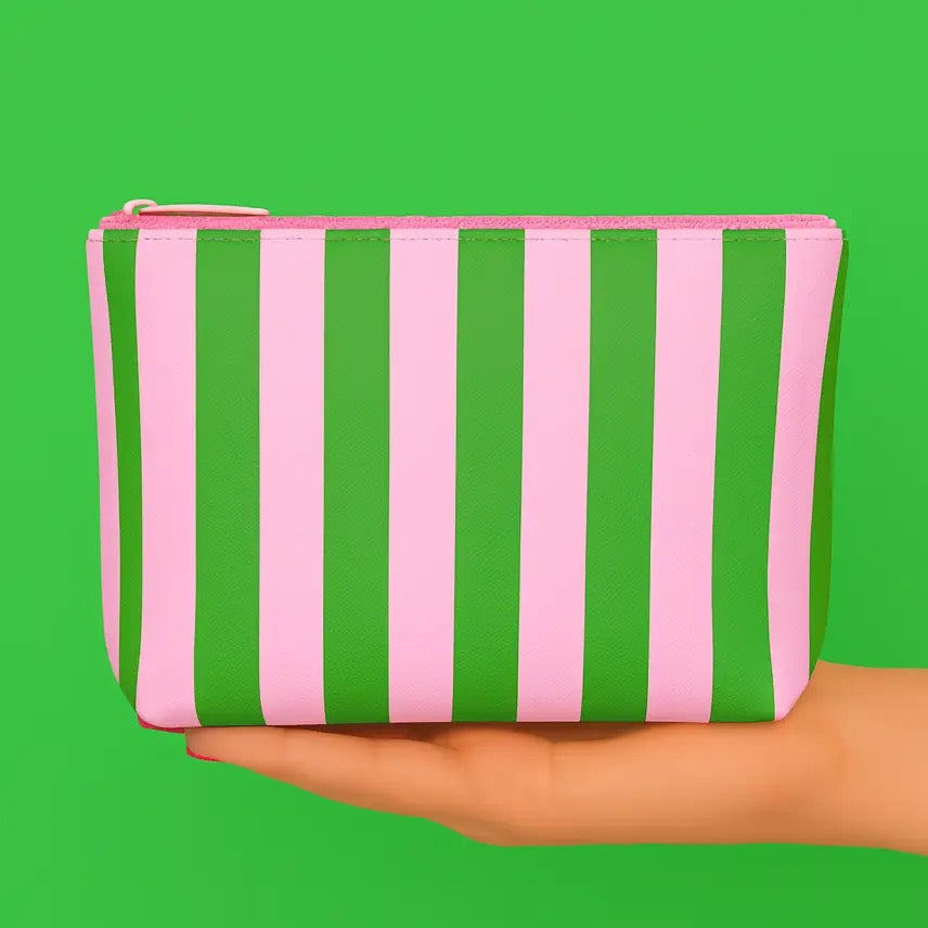 Pouch + Cosmetic Bag | Leather Pink & Green Stripe