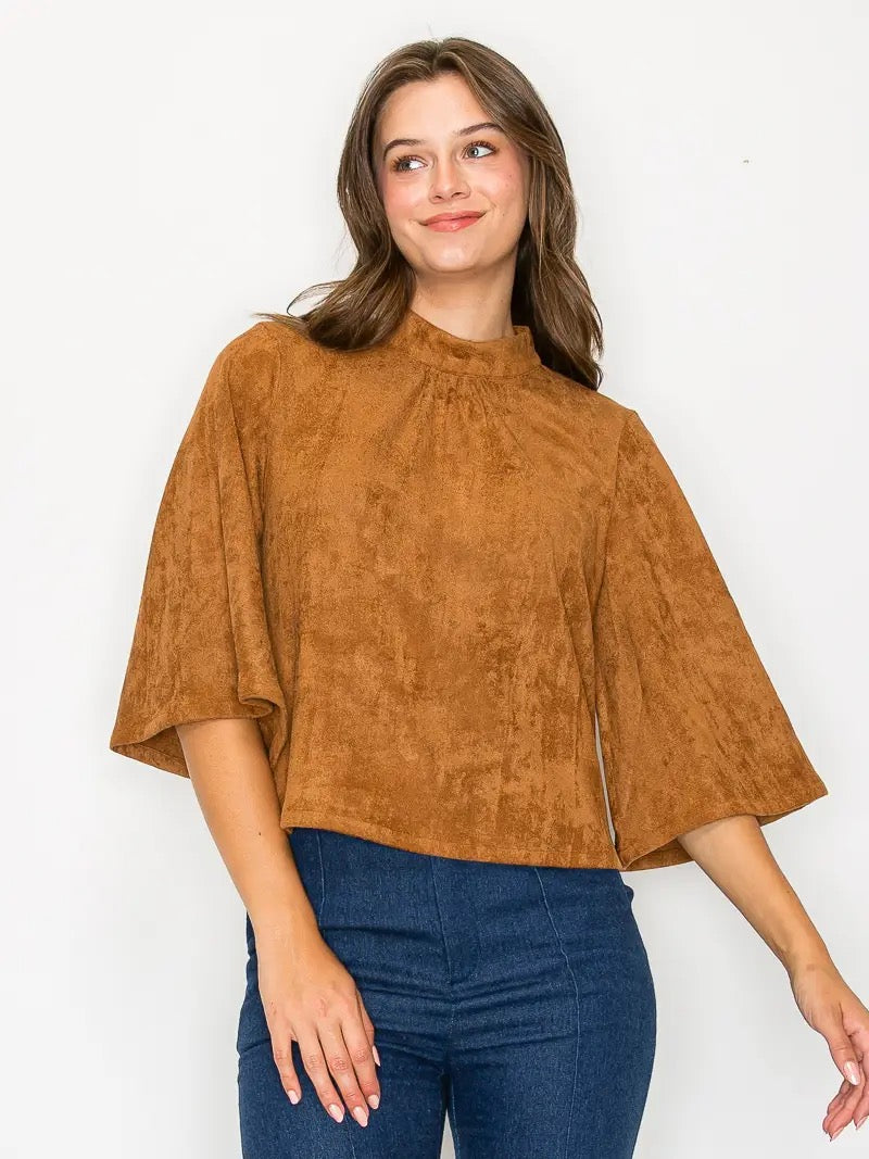 Bell Sleeve Camel Suede Top