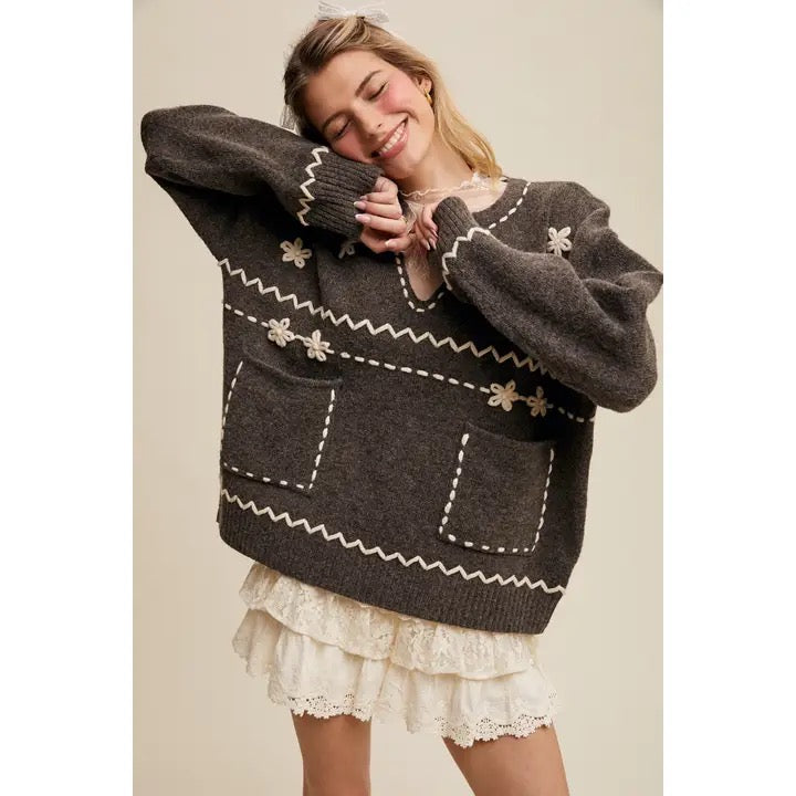 Floral Embroidered Knit Sweater