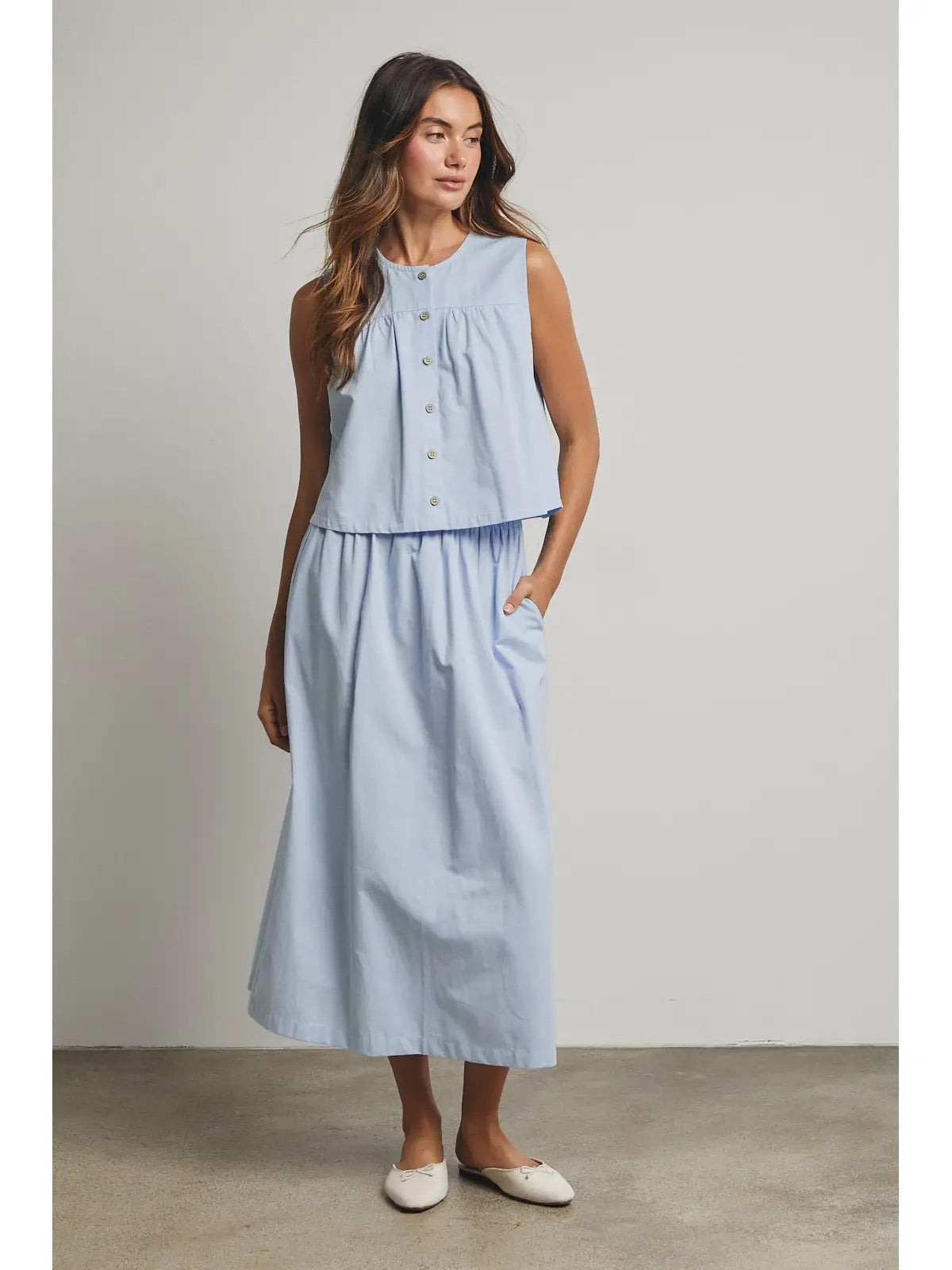 Cotton Button-Up Tank Top and Skirt Set