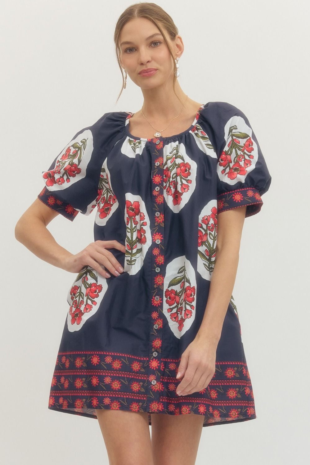 Floral Print Short Puff Sleeve Mini Dress