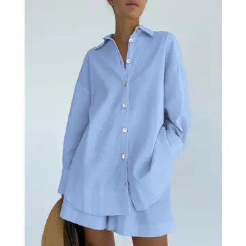 Solid Color Shirt and Long loose Shorts 2 Peice Set