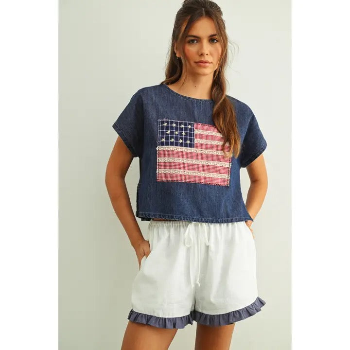 Mixed Fabric Flag Patch Dolman Sleeve Top