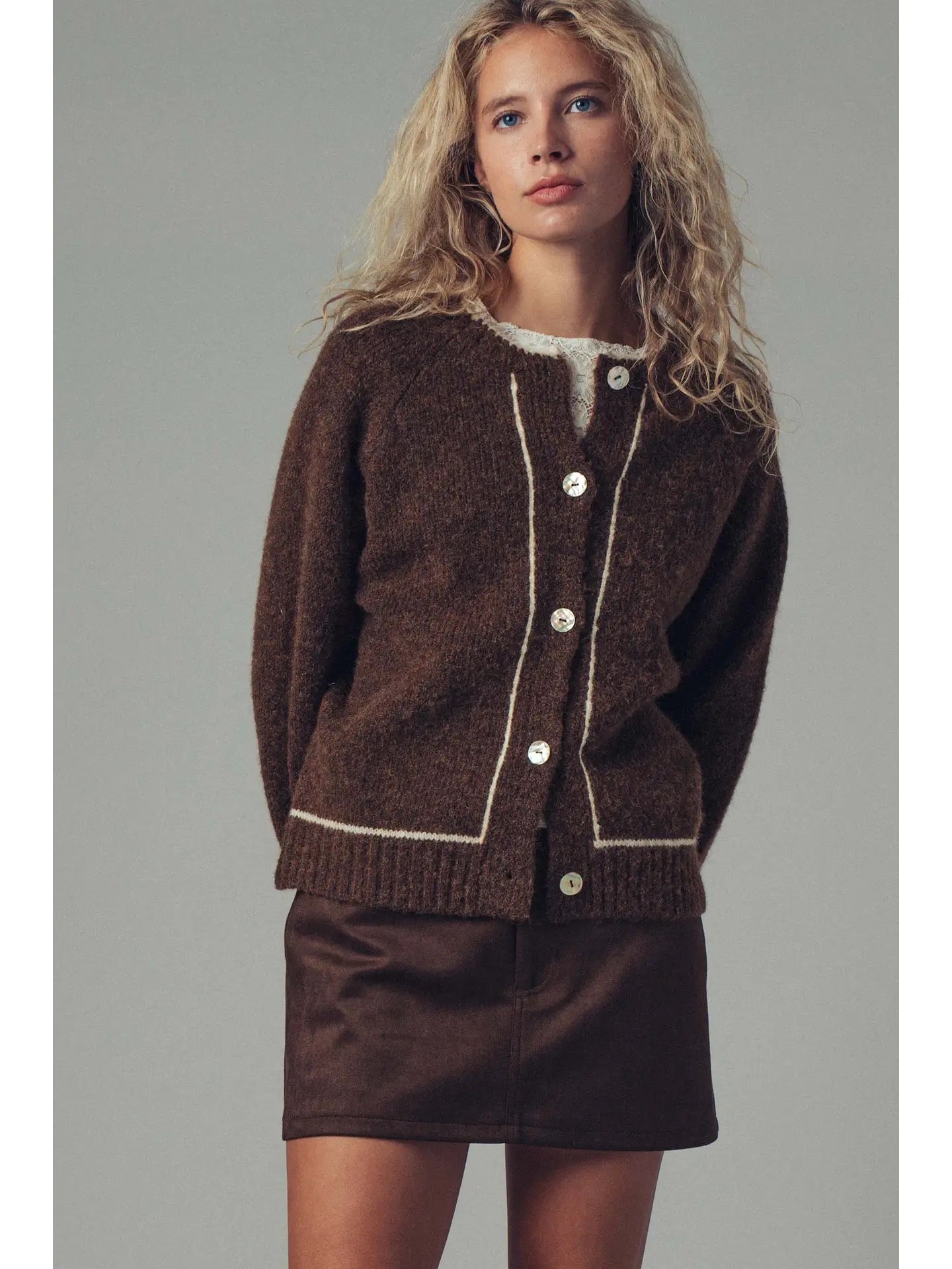 Contrast Trim Boho Knit Button Cardigan