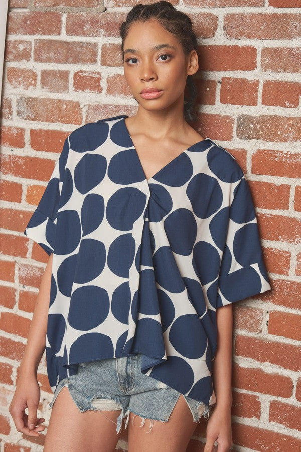 Dotted Roll-Up Sleeve Collared Tunic Top