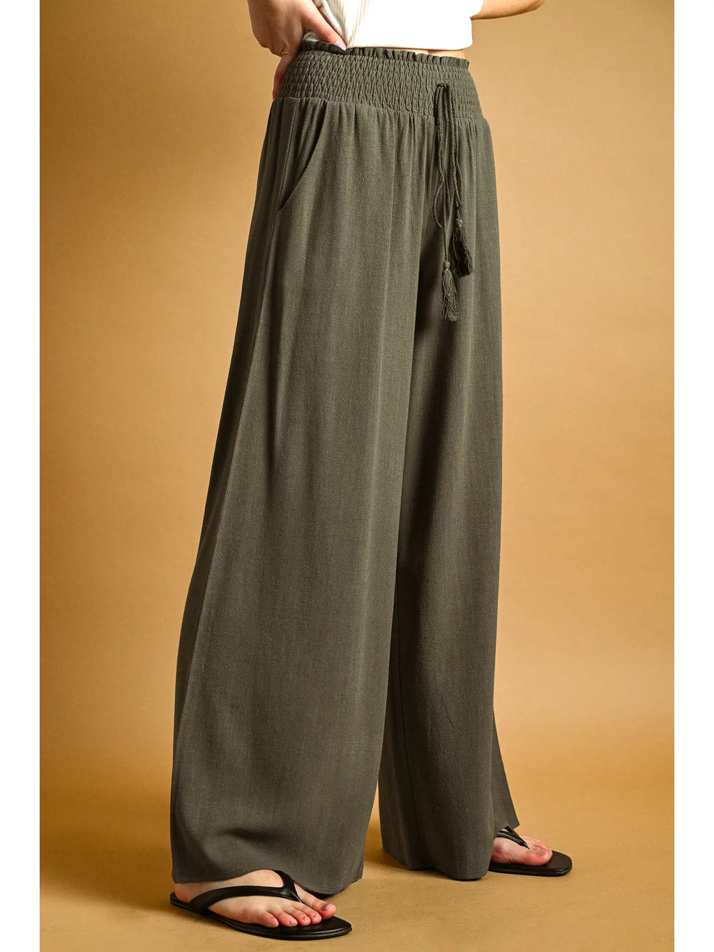 Cotton Linen Smocked Waist Pants with Tassel