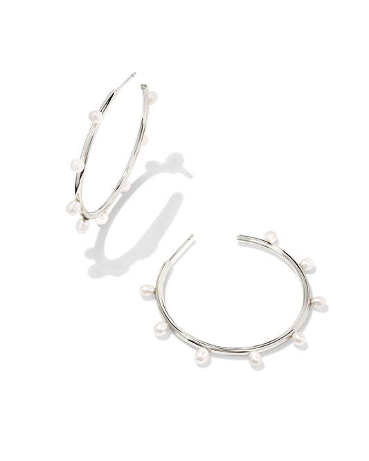 Leighton Silver Pearl Hoop Earrings | White Pearl