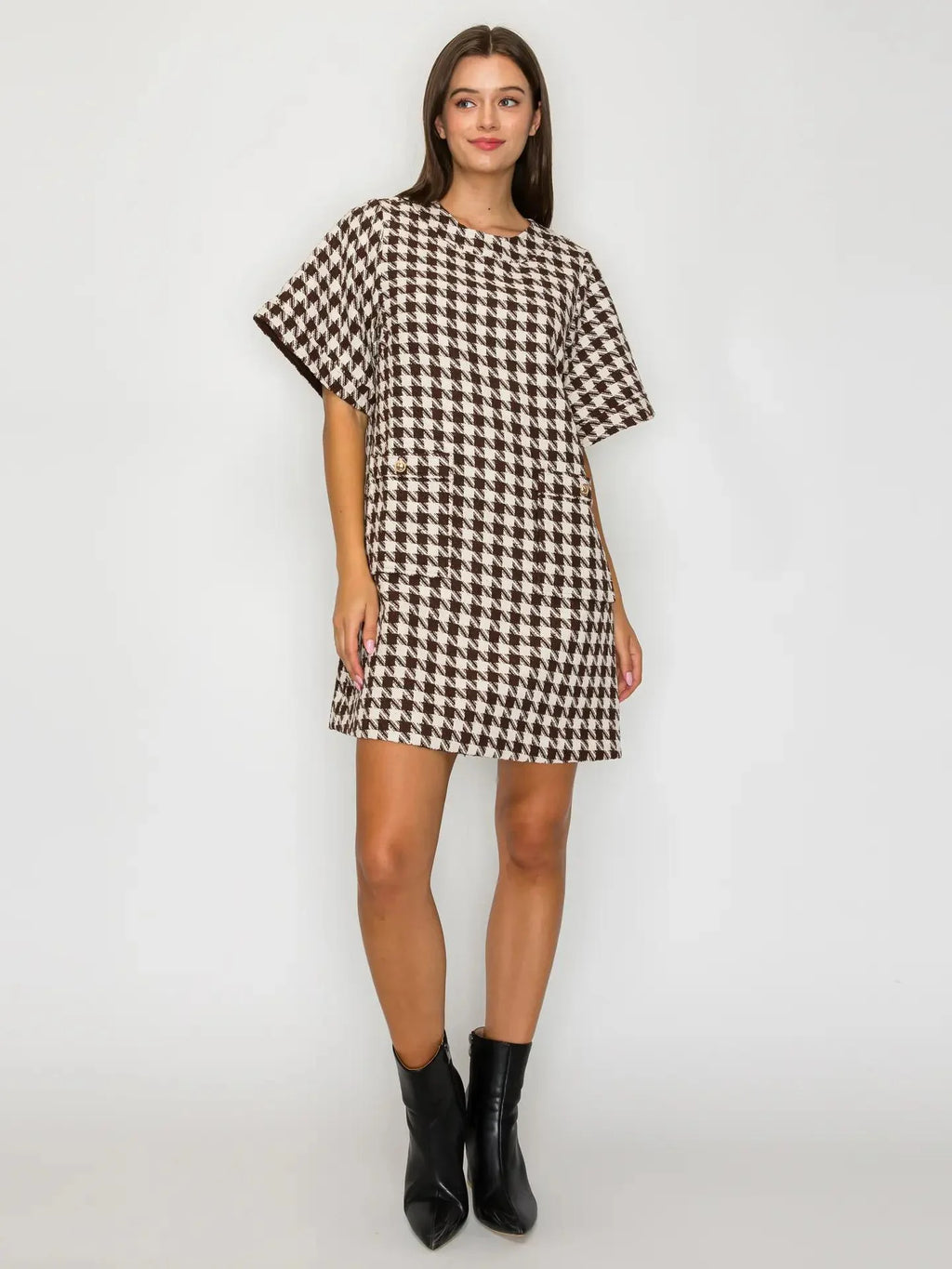 Mocha Latte Houndstooth Jqd Mini Dress