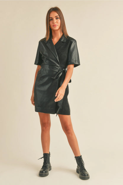 Pleather Collared Wrap Dress