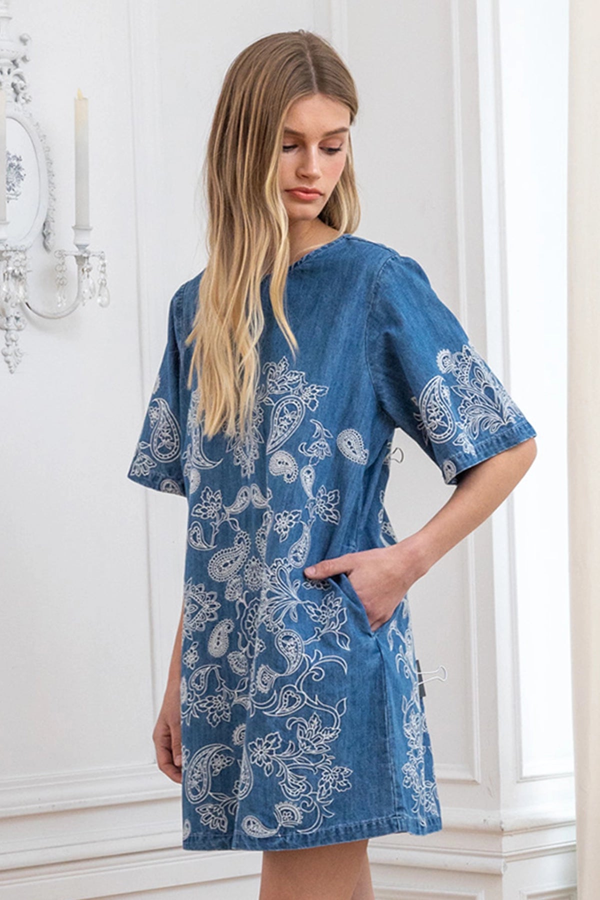 Denim Paisley Embroidery Tunic Dress