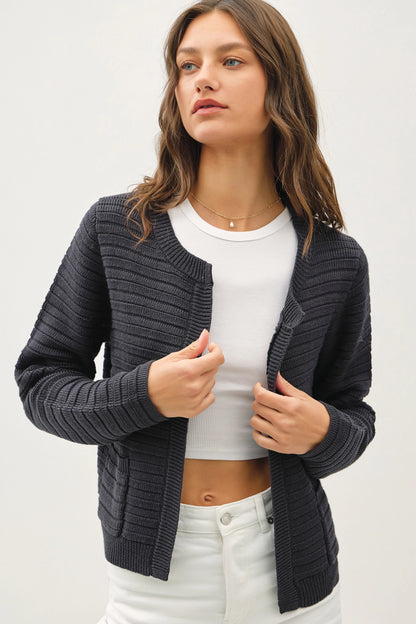 Raised Rib Round Neck Open Cardigan