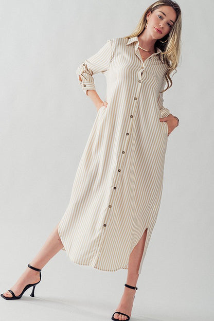 Elsie Polyester Stripe Long Shirt Dress